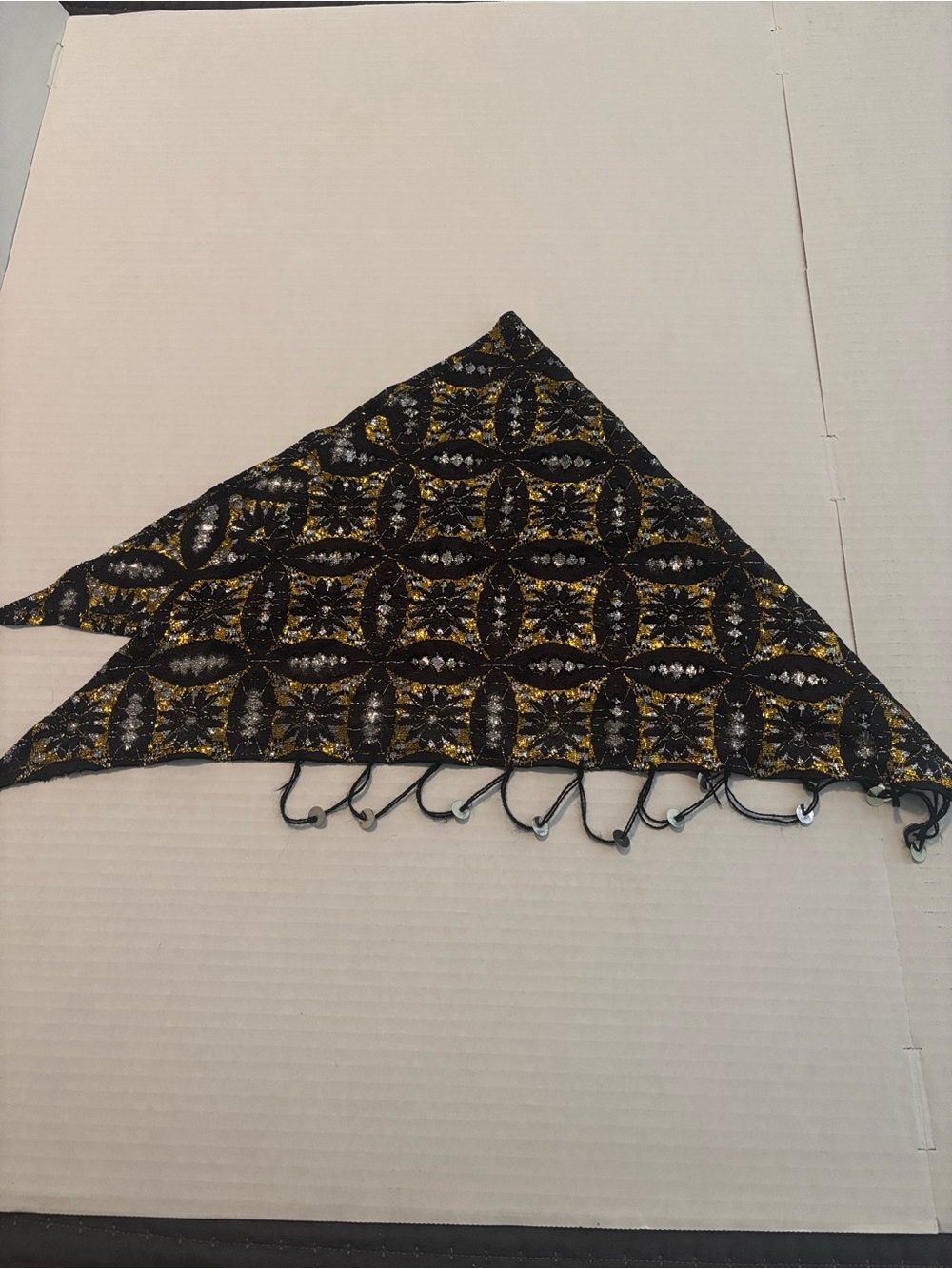 Black and Gold Patterned Triangle Scarf with Fringe